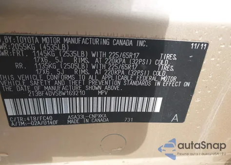 2011 Toyota Rav4 из США, поврежденный, VIN 2T3BF4DV5BW169210